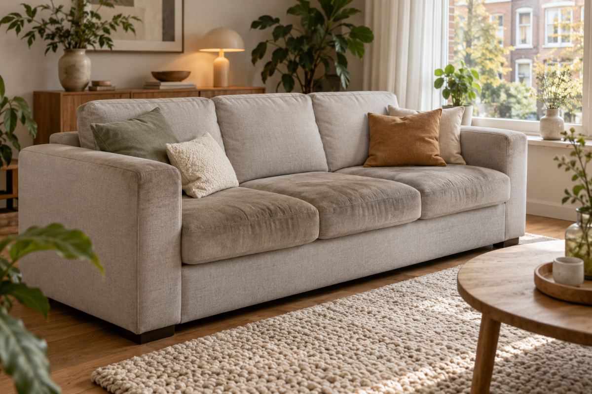 Lichtgrijze stoffen driezitsbank in een lichte woonkamer met houten vloer en wollig vloerkleed; de zitkussens zijn doffer en donkerder dan de rugleuning