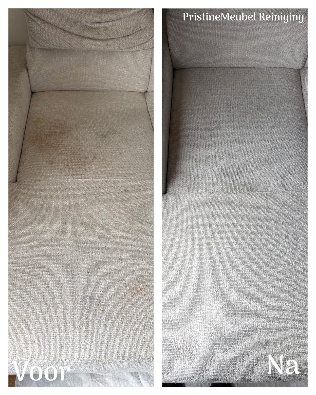 Chaise longue van een beige hoekbank voor en na dieptereiniging naast elkaar