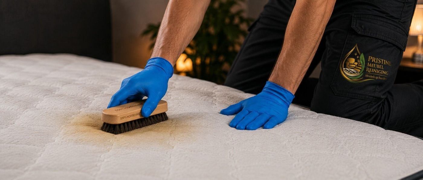 Matras wordt met een borstel gereinigd